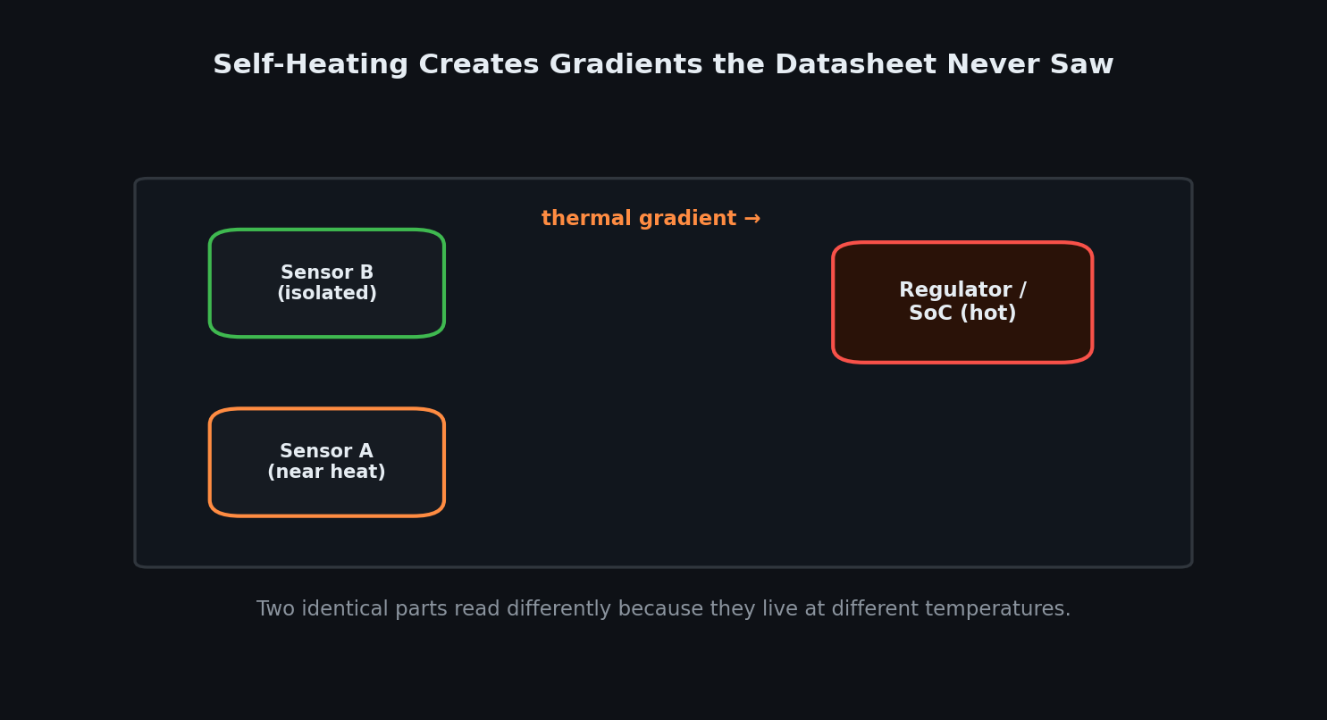 Self-heating creates gradients the datasheet never saw