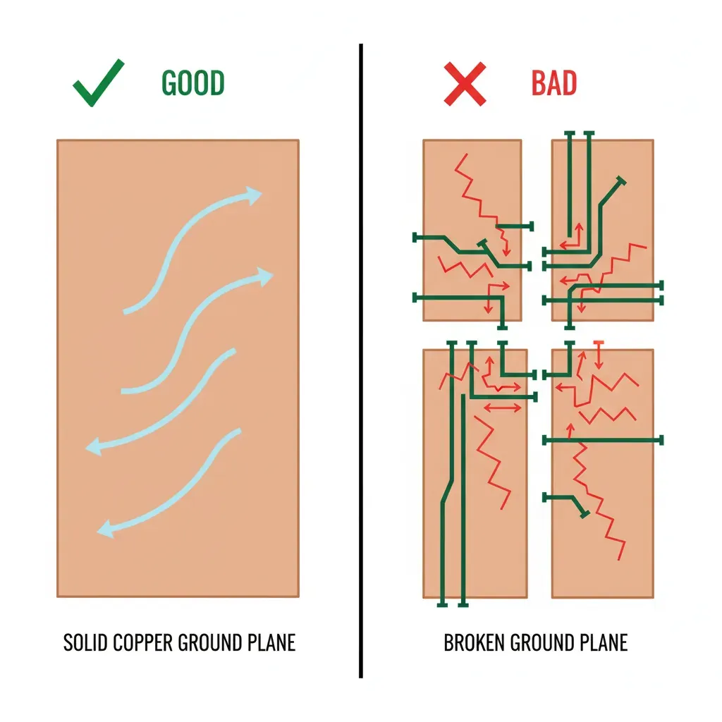 Solid copper ground plane compared with a broken ground plane