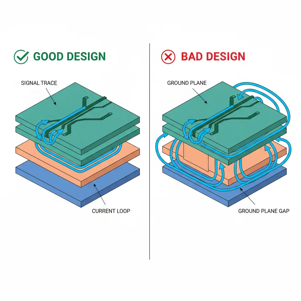 Good and bad PCB ground plane design comparison