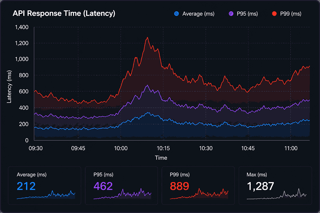 API monitoring dashboard displaying request trends, average response time, P95 and P99 latency, error rates, and endpoint statistics.