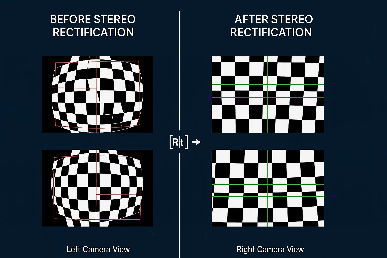 Before and after chart showing pixel alignment error before and after calibration