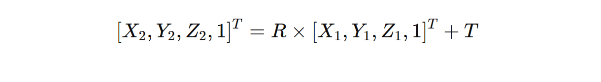 Extrinsic calibration diagram showing rotation and translation between two camera coordinate systems