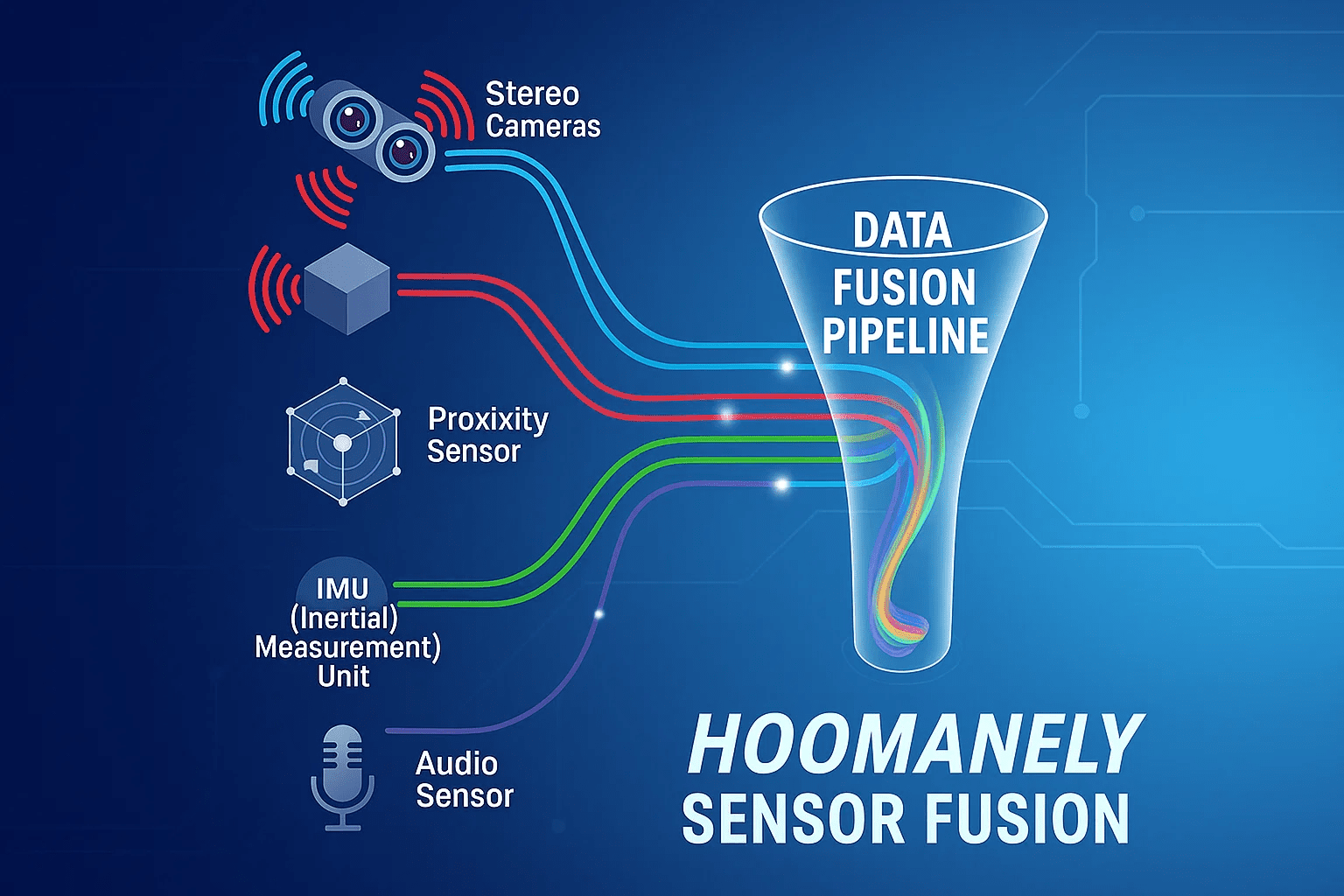 Illustration of multi-sensor fusion combining camera, proximity, IMU, and audio data