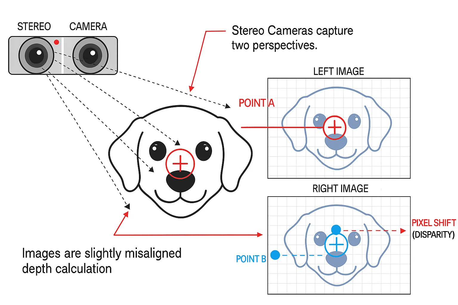 Illustration of the same point in space landing on offset pixels in two camera views