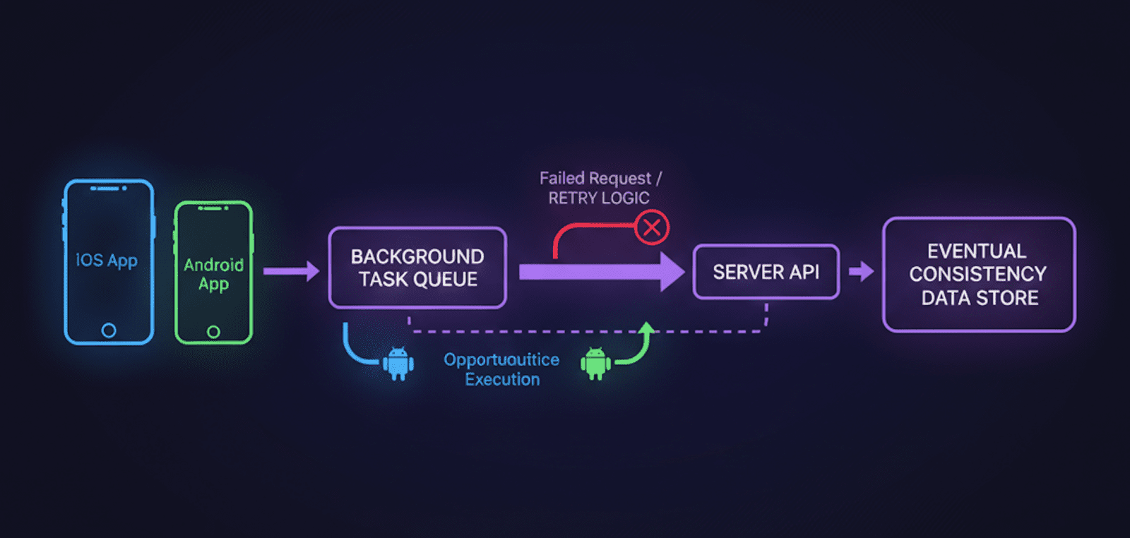 Diagram showing background systems designed around intent, retries, and eventual consistency