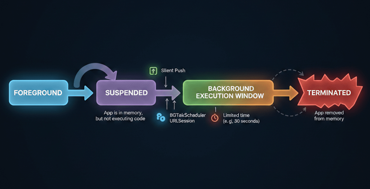 Diagram showing iOS background execution as short, system-controlled windows rather than continuous execution