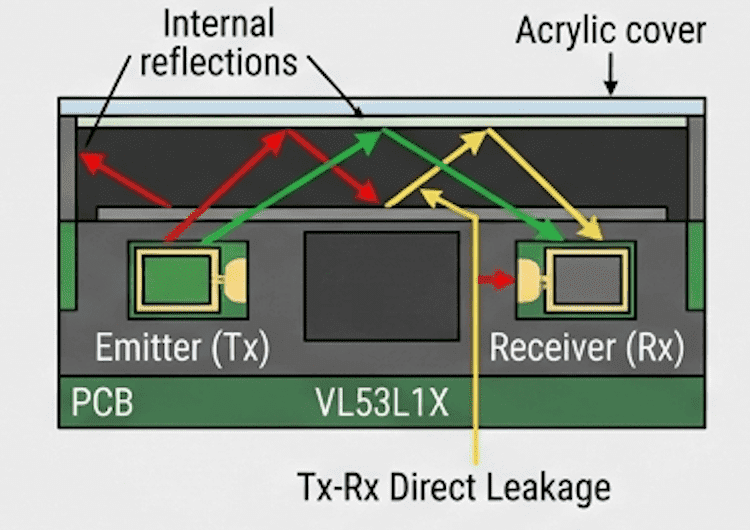 Diagram of light paths causing internal reflections and transmitter-to-receiver leakage inside the enclosure