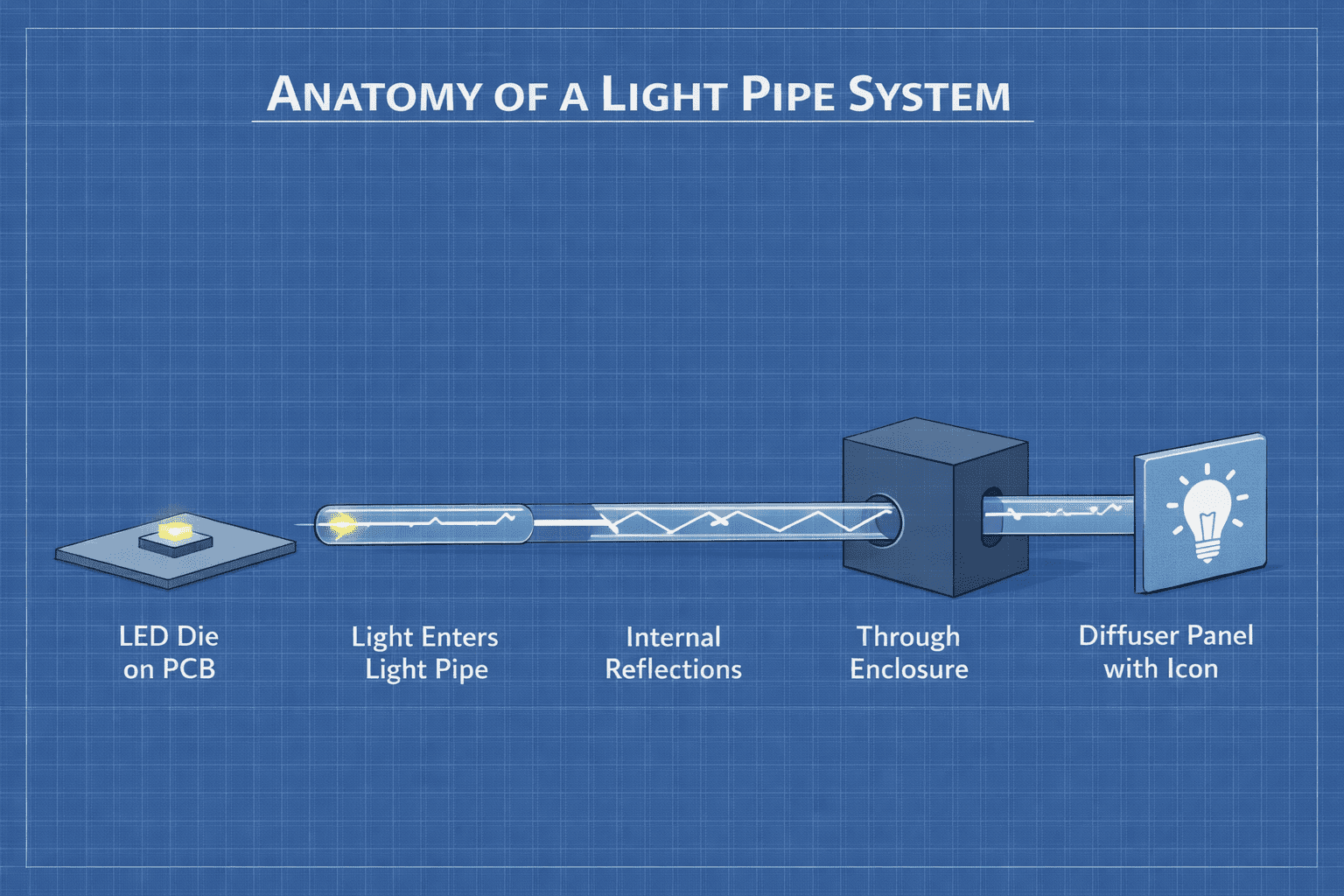 Light pipe optical budget tracing LED flux through geometry, material, and enclosure tolerance to the user's eye