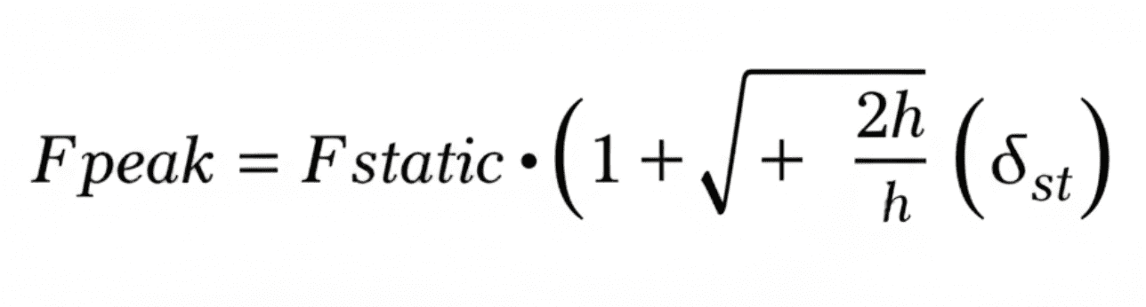 Dynamic Amplification Factor formula relating static load, drop height, and static deflection