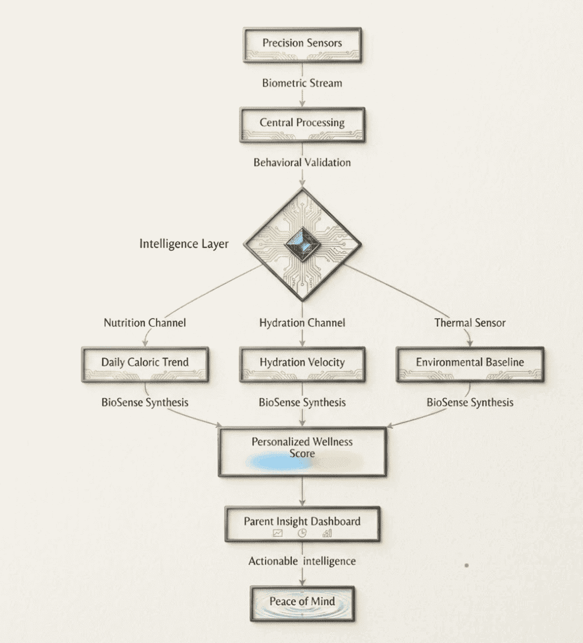 Diagram of the signal pipeline from raw sensor data to wellness insight