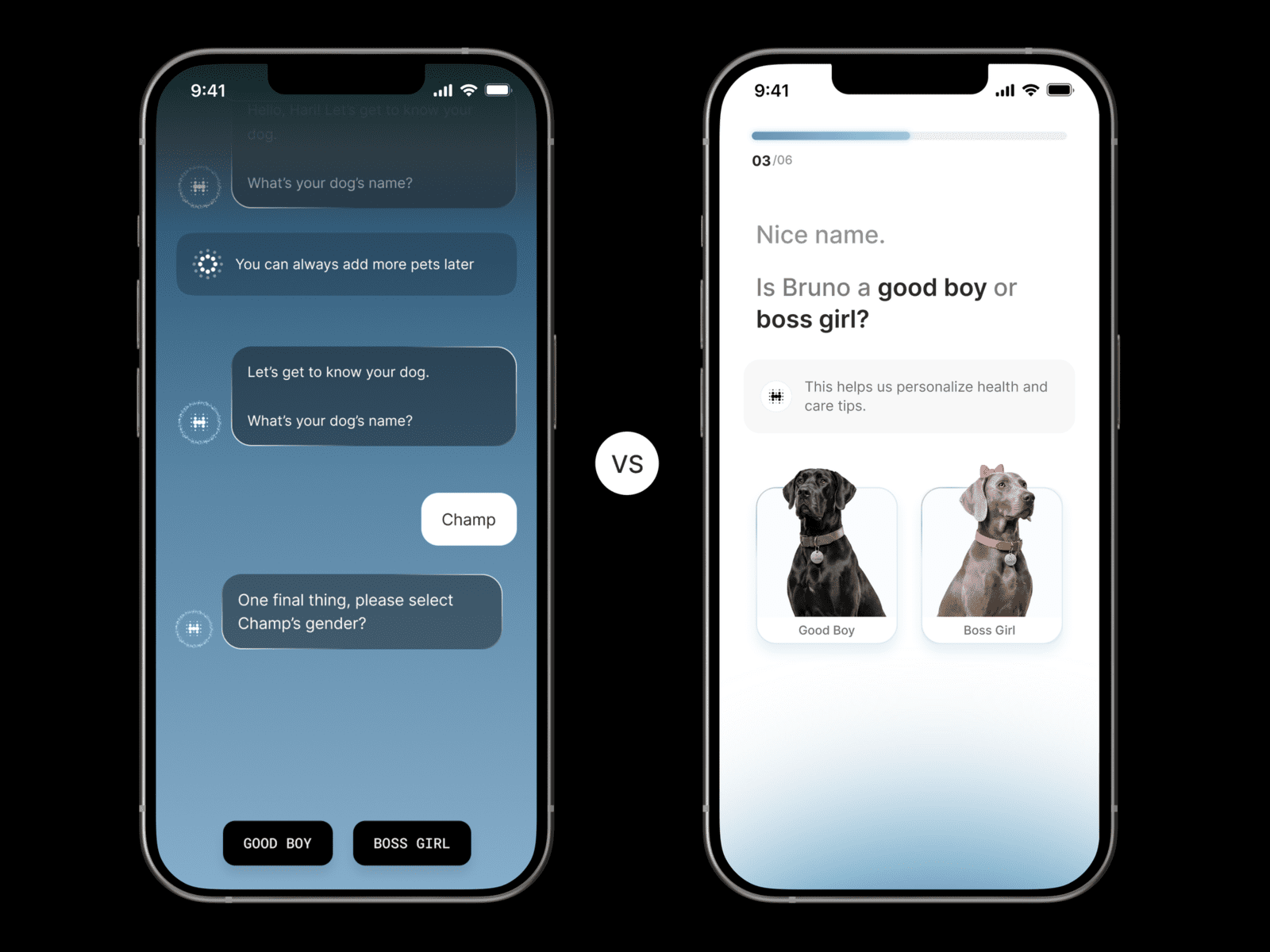 Comparison of the original chat-style onboarding flow against the redesigned step-based flow