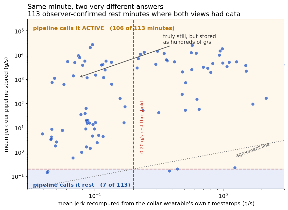 Log-log scatter of pipeline-stored jerk against jerk recomputed from the collar wearable timestamps, showing almost all points far above the agreement line