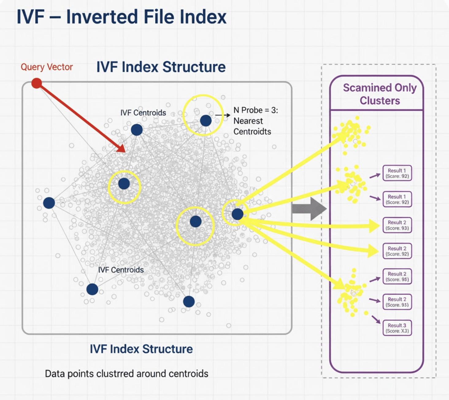 IVF clustering diagram showing centroids and probed partitions