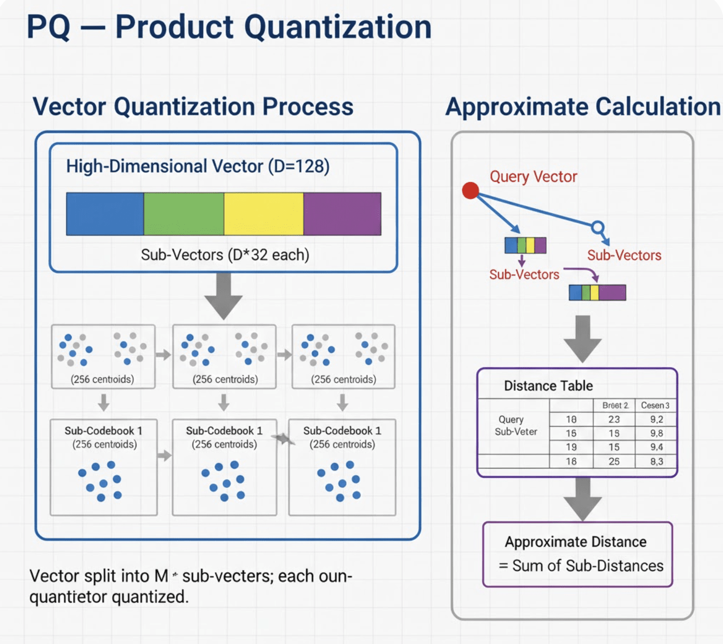 Product quantization diagram splitting a vector into sub-vector codebooks