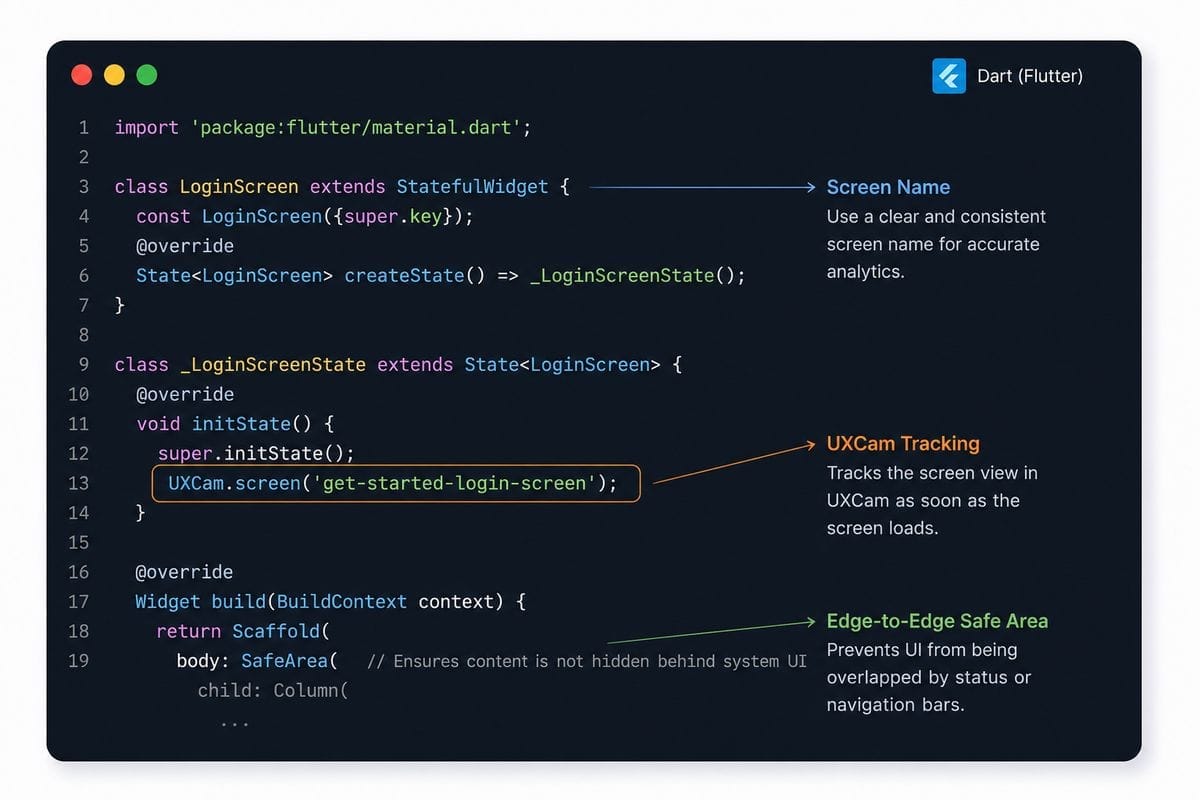 Flutter example showing UXCam screen event tracking with consistent screen naming.