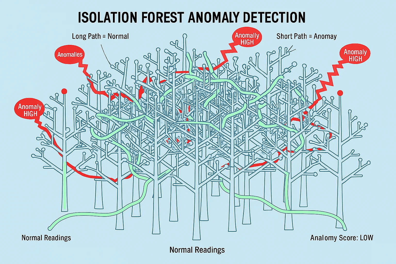 Diagram of an Isolation Forest isolating anomalous sensor readings