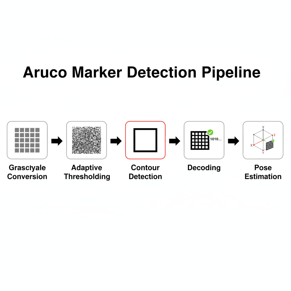 Step-by-step ArUco detection pipeline from grayscale conversion to pose estimation