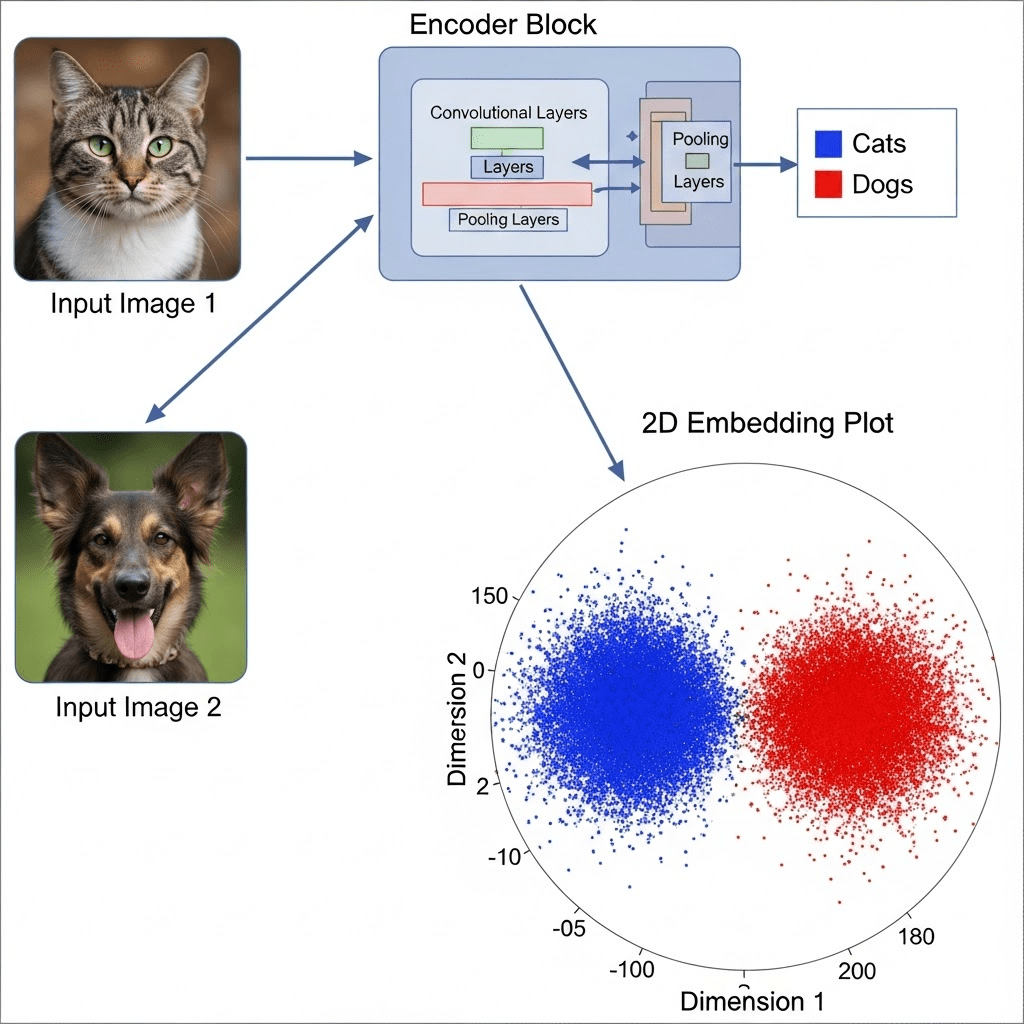 Diagram of images mapped into an embedding space with similar images clustered together