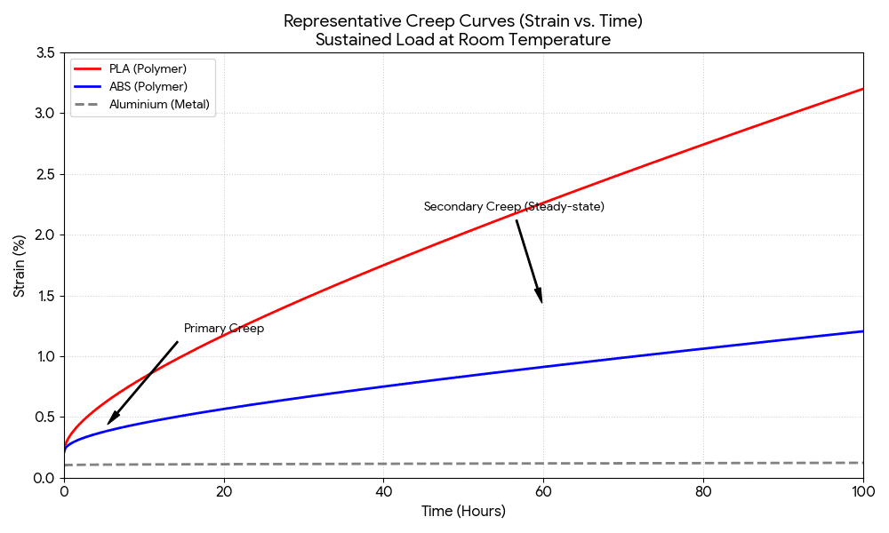 Illustration comparing immediate peak-load response with gradual time-dependent creep behavior
