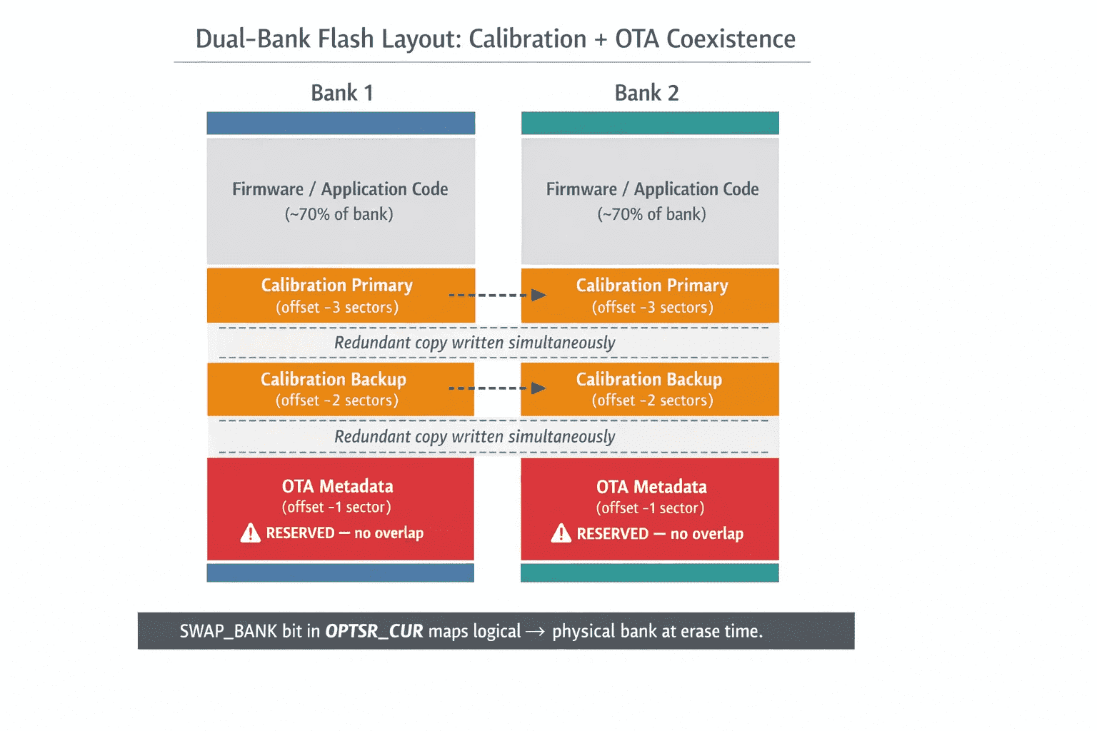Four-slot dual-bank flash calibration layout surviving OTA bank swaps and power loss