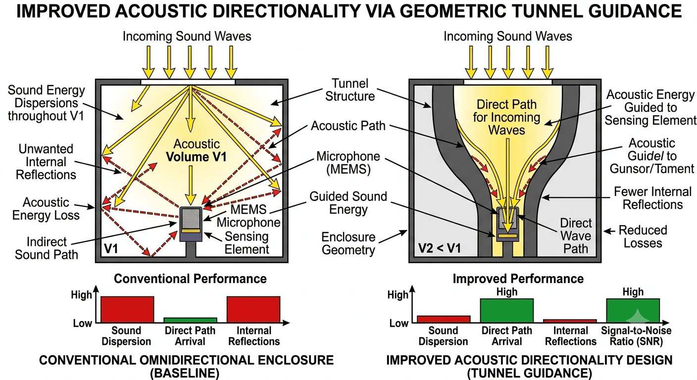 Cross-section illustration of the conical acoustic tunnel guiding sound to the microphone inlet