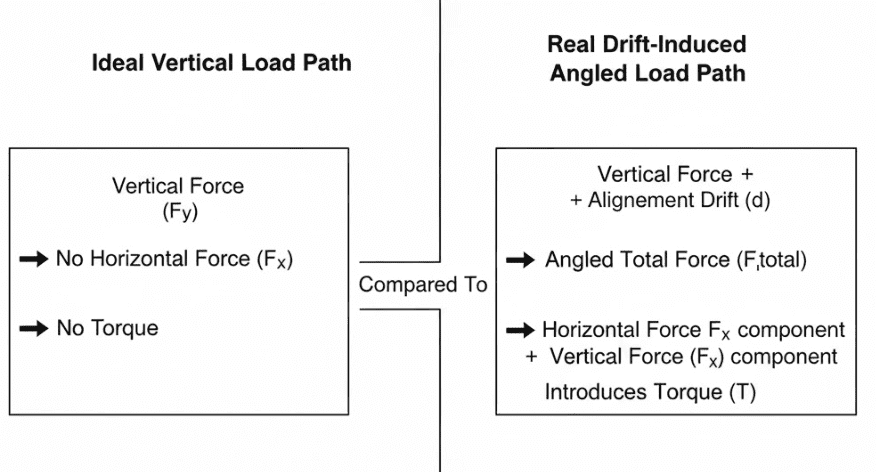 Diagram showing load path shifting from purely vertical to a multi-directional force pattern under drift