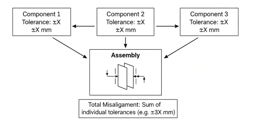 Tolerance stack-up diagram showing individual component tolerances compounding into system-level misalignment