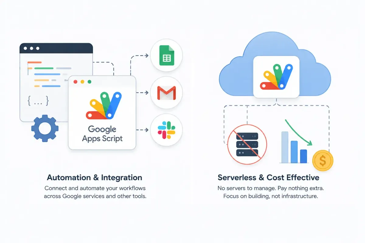 Illustration of Google Apps Script enabling serverless workflow automation and tool integration.