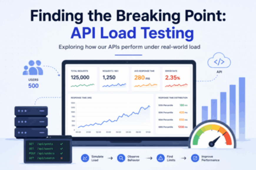Infographic showing API load testing with increasing users, performance metrics, response times, requests per second, and failure rates.
