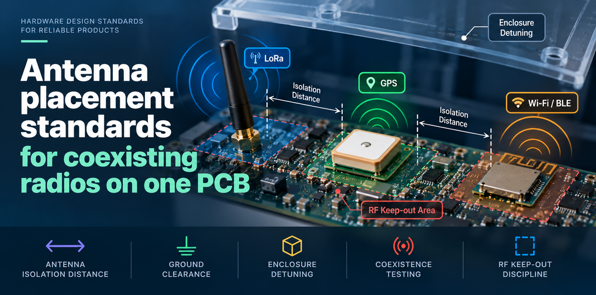 Antenna placement standards for coexisting radios on one PCB