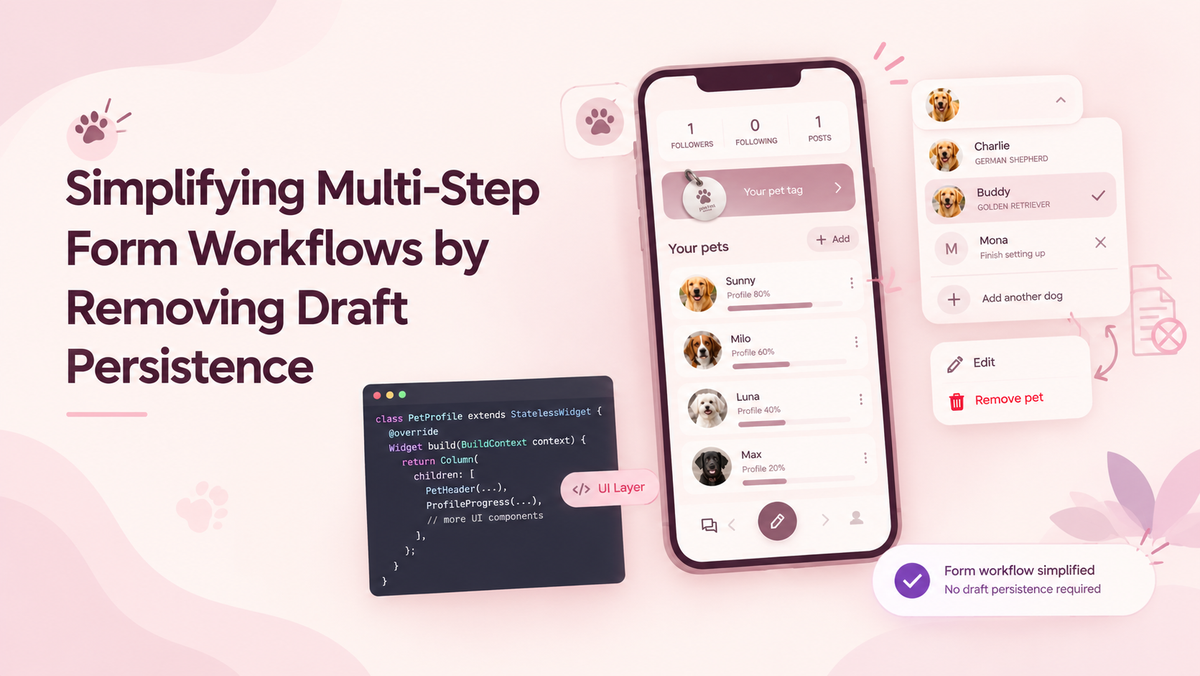 multi-step pet profile workflow, showing a mobile app with pet profiles, a pet-switching menu, a remove-pet option, and code representing simplified form handling without draft persistence.