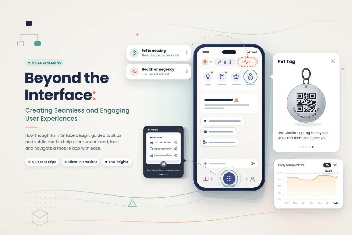 mobile app onboarding with interactive tooltips and animated interface elements guiding users through key features.