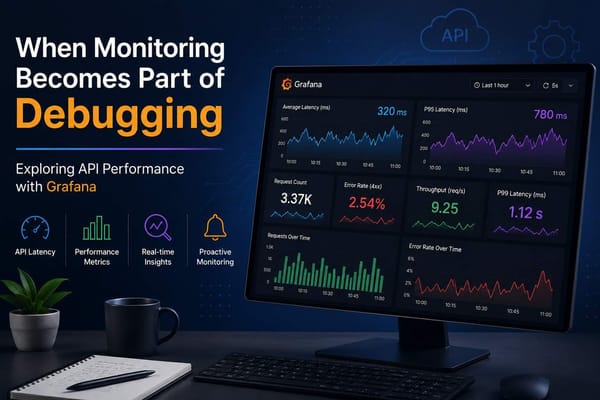 Grafana dashboard displaying API latency, request metrics, error rates, and performance monitoring charts.