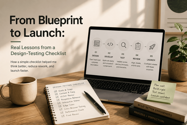 Design-to-testing workflow from blueprint to launch, shown on a laptop with a checklist.