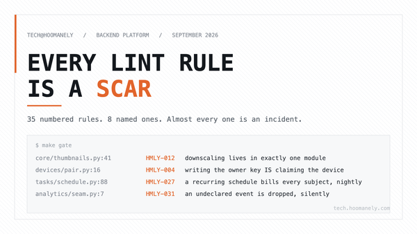 Dark terminal panel titled EVERY LINT RULE IS A SCAR, showing four custom lint rule codes and the failures they name